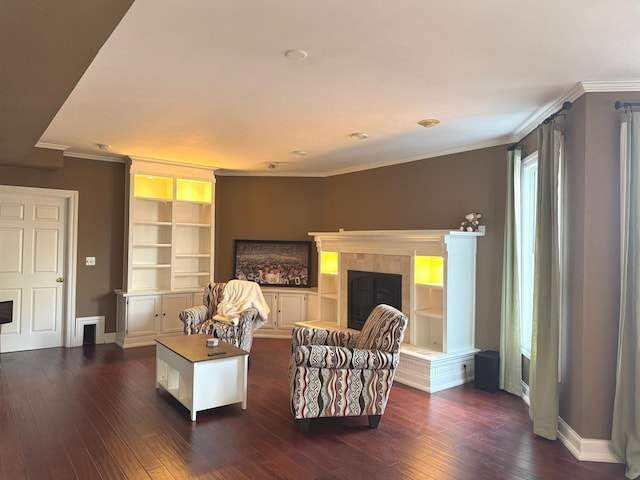 140 River Dr, Appleton, WI 54915 - living room with a tile fireplace, baseboards, dark wood-type flooring, and ornamental molding