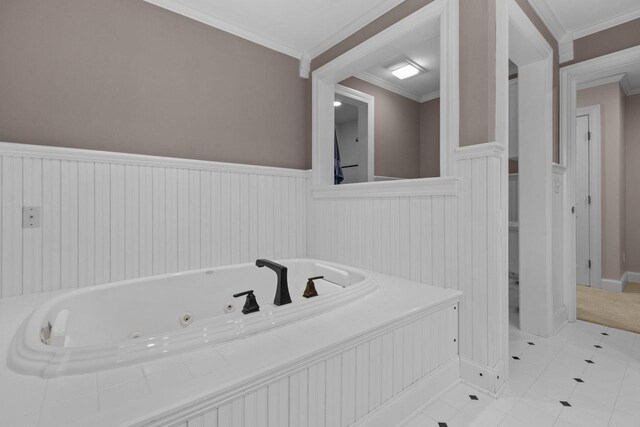 140 River Dr, Appleton, WI 54915 - full bath featuring crown molding, a tub with jets, a wainscoted wall, and tile patterned floors