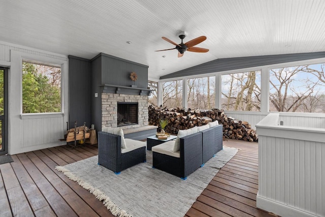 140 River Dr, Appleton, WI 54915 - deck featuring an outdoor living space with a fireplace and a ceiling fan