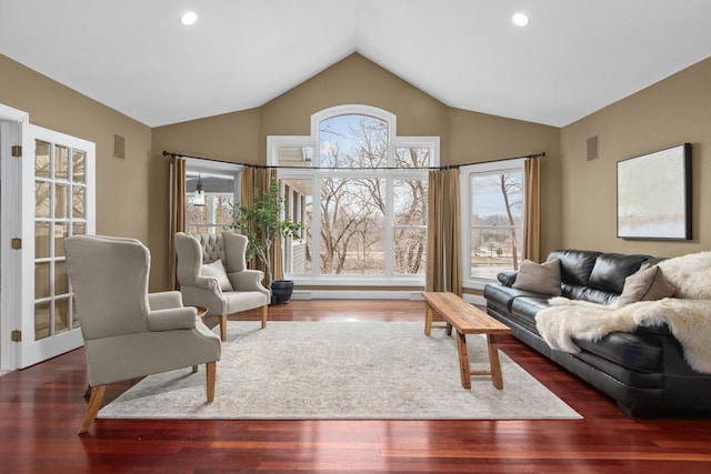 140 River Dr, Appleton, WI 54915 - living area featuring lofted ceiling, wood finished floors, visible vents, and recessed lighting