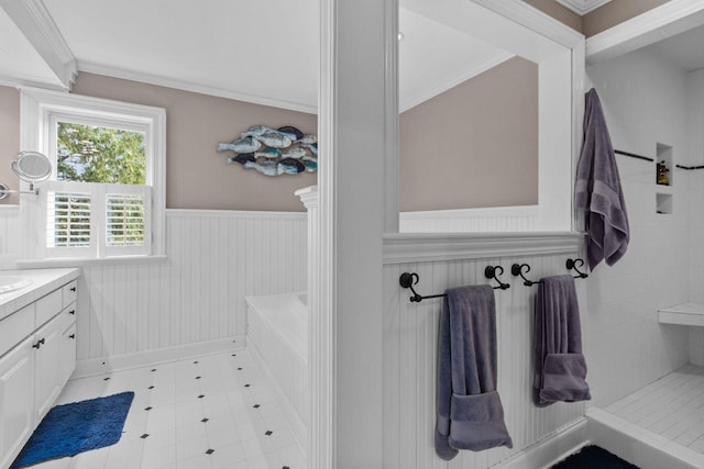 140 River Dr, Appleton, WI 54915 - full bathroom with crown molding, vanity, a wainscoted wall, and tiled shower