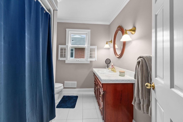 140 River Dr, Appleton, WI 54915 - full bathroom with tile patterned floors, toilet, visible vents, crown molding, and vanity