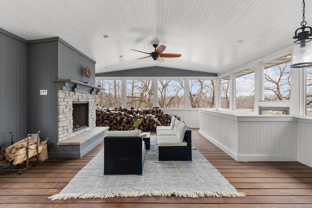 140 River Dr, Appleton, WI 54915 - wooden deck with an outdoor living space with a fireplace and ceiling fan