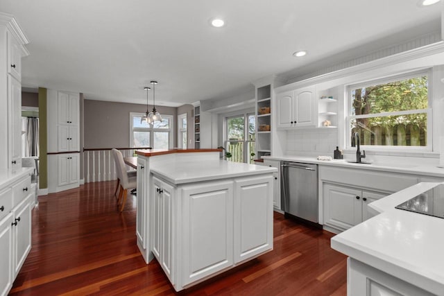 140 River Dr, Appleton, WI 54915 - kitchen featuring open shelves, dishwasher, dark wood-style floors, and white cabinetry