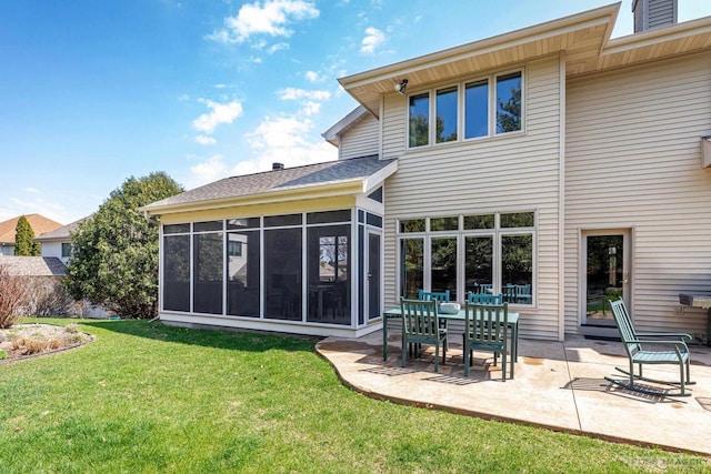 806 Stagecoach Trl, Madison, WI 53717 - back of property featuring a yard, a sunroom, a patio, and roof with shingles