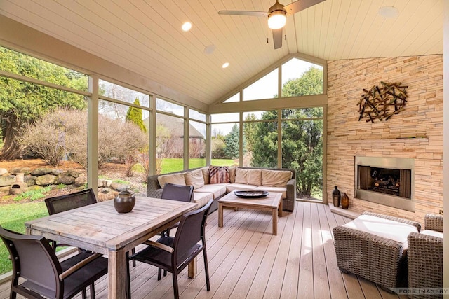 806 Stagecoach Trl, Madison, WI 53717 - sunroom / solarium featuring an outdoor living space with a fireplace, a ceiling fan, and outdoor dining space
