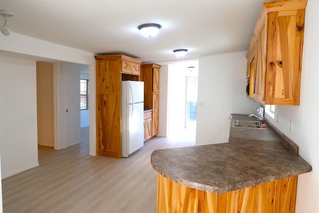 kitchen featuring dark countertops, a sink, light wood-type flooring, and freestanding refrigerator