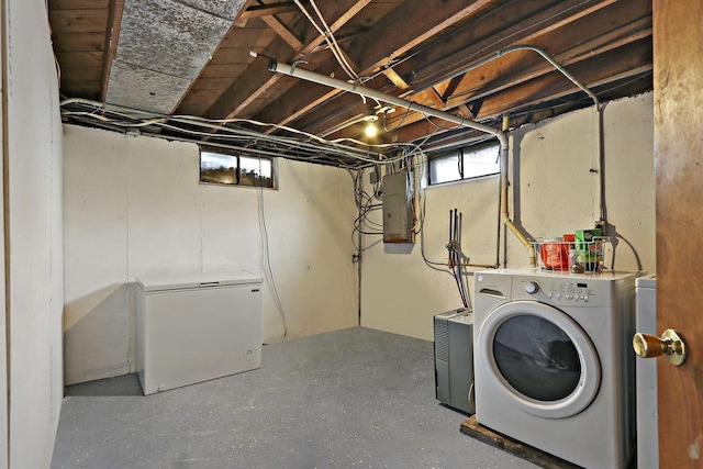 laundry room with washing machine and clothes dryer, electric panel, and laundry area