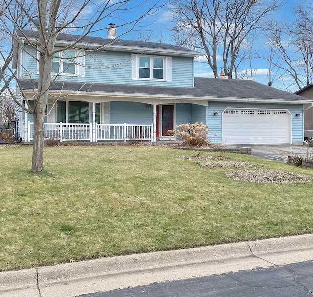 5407 Marsh Woods Dr, Mcfarland, WI 53558 - traditional-style home featuring a chimney, a garage, covered porch, a front lawn, and driveway