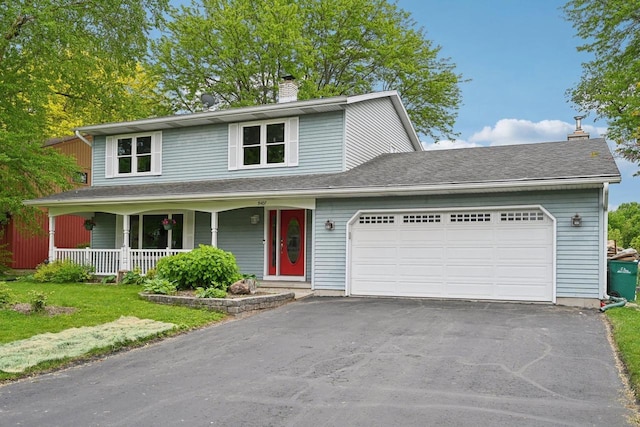 5407 Marsh Woods Dr, Mcfarland, WI 53558 - view of front of house featuring a chimney, driveway, a garage, and a porch
