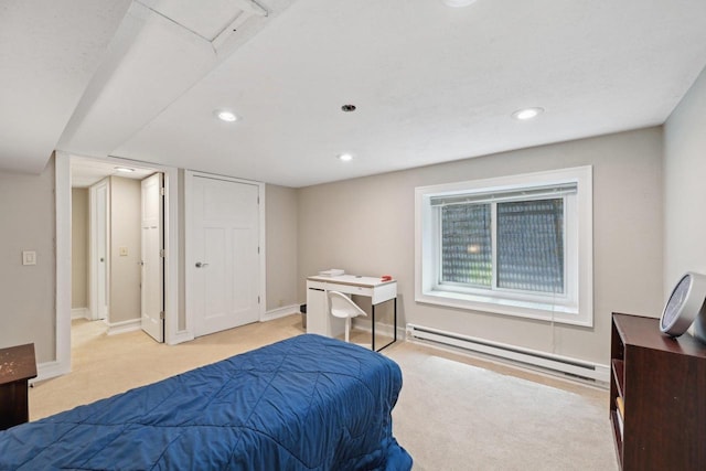 5407 Marsh Woods Dr, Mcfarland, WI 53558 - bedroom with a baseboard heating unit, light colored carpet, recessed lighting, and baseboards
