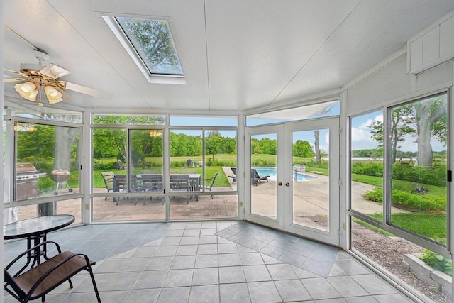 5407 Marsh Woods Dr, Mcfarland, WI 53558 - sunroom / solarium with a skylight, french doors, and a ceiling fan