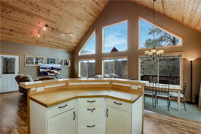 16187 Secluded Ln, Gordon, WI 54838 - kitchen featuring butcher block counters, an inviting chandelier, open floor plan, and wooden ceiling
