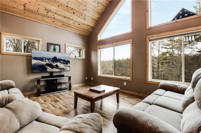 16187 Secluded Ln, Gordon, WI 54838 - living room featuring baseboards, wooden ceiling, wood finished floors, and high vaulted ceiling