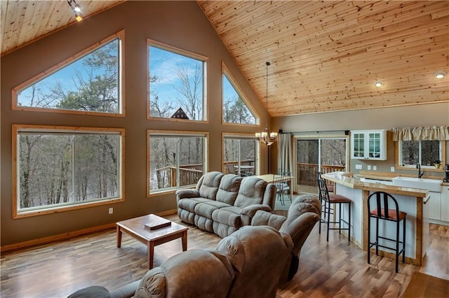 16187 Secluded Ln, Gordon, WI 54838 - living area featuring an inviting chandelier, wooden ceiling, and a wealth of natural light