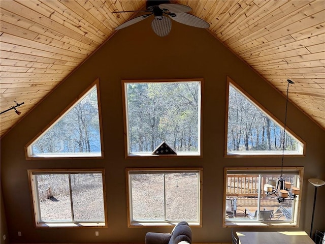 16187 Secluded Ln, Gordon, WI 54838 - details featuring wood ceiling and ceiling fan with notable chandelier