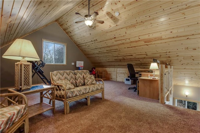 16187 Secluded Ln, Gordon, WI 54838 - carpeted home office with wood ceiling, ceiling fan, vaulted ceiling, and wooden walls