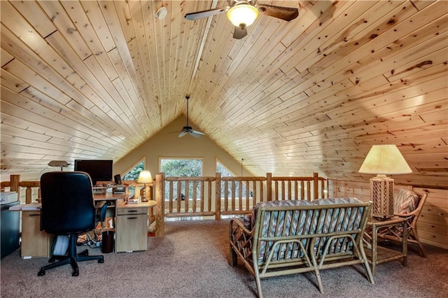 16187 Secluded Ln, Gordon, WI 54838 - carpeted home office with lofted ceiling, a ceiling fan, and wood ceiling