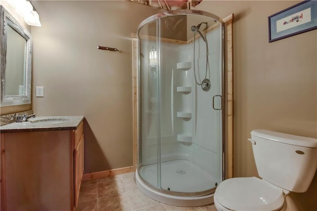 16187 Secluded Ln, Gordon, WI 54838 - bathroom with toilet, tile patterned floors, a stall shower, vanity, and baseboards