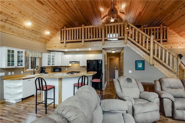 16187 Secluded Ln, Gordon, WI 54838 - living room with wood ceiling, ceiling fan, wood finished floors, and high vaulted ceiling