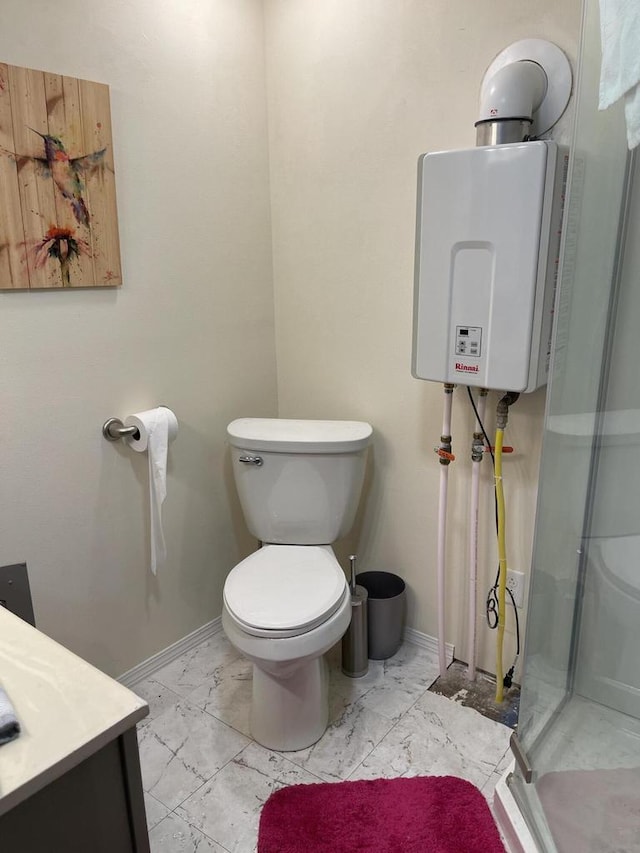 full bathroom with water heater, a shower stall, marble finish floor, toilet, and baseboards