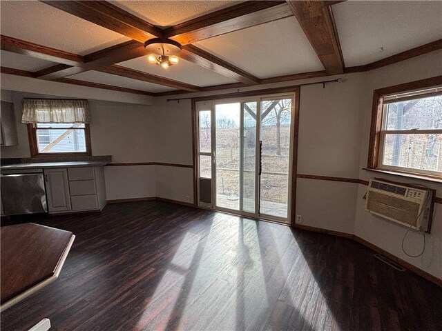 18196 200th St, Jim Falls, WI 54748 - interior space featuring a wealth of natural light, baseboards, dark wood-style flooring, and coffered ceiling