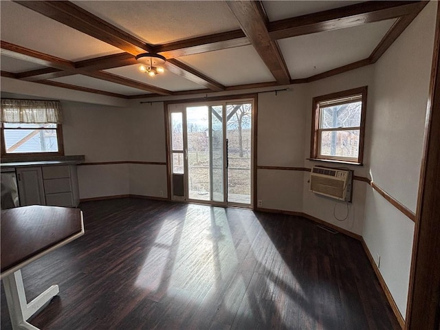 18196 200th St, Jim Falls, WI 54748 - empty room featuring baseboards, dark wood-style floors, coffered ceiling, and a wall mounted air conditioner