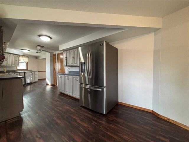 18196 200th St, Jim Falls, WI 54748 - kitchen with dark countertops, baseboards, appliances with stainless steel finishes, and dark wood finished floors