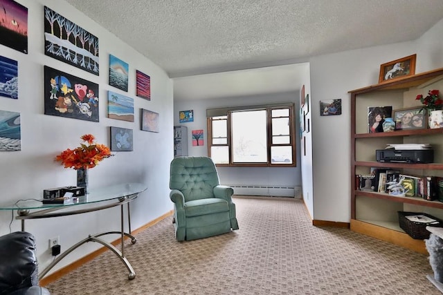 203 S Main St, Deerfield, WI 53531 - living area featuring a baseboard radiator, baseboards, a textured ceiling, and carpet