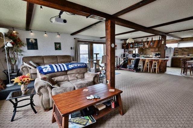 203 S Main St, Deerfield, WI 53531 - living area with plenty of natural light, a textured ceiling, beam ceiling, and light carpet