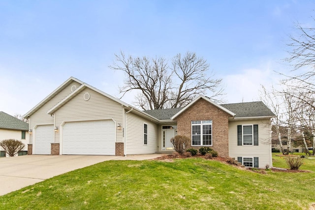 single story home featuring brick siding, a front lawn, driveway, and a garage