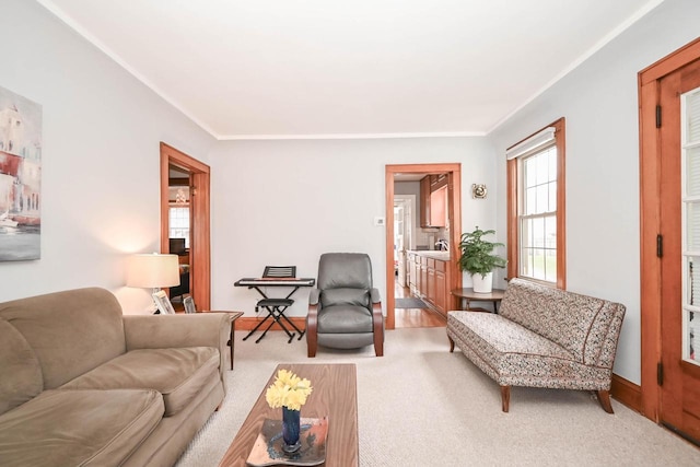 living area featuring light carpet, baseboards, and ornamental molding