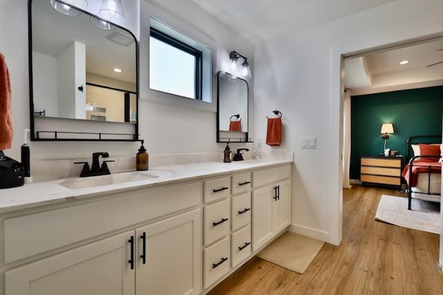 bathroom with baseboards, wood finished floors, a sink, and double vanity