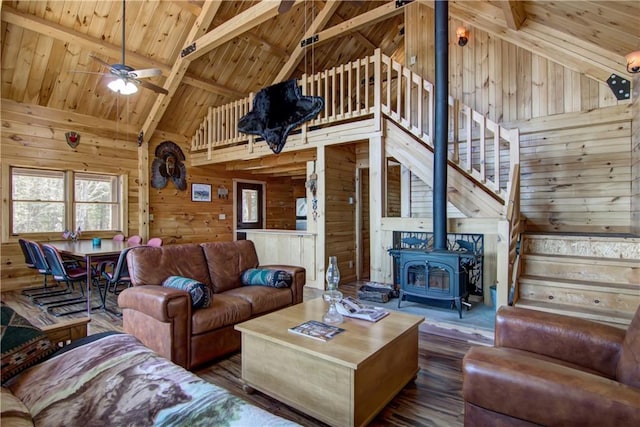 5044 Clayton Rd, Winter, WI 54896 - living area with wooden walls, high vaulted ceiling, a wood stove, and a ceiling fan