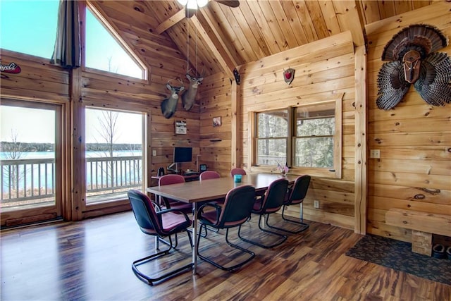 5044 Clayton Rd, Winter, WI 54896 - dining area with a ceiling fan, wood finished floors, lofted ceiling with beams, wooden ceiling, and wood walls