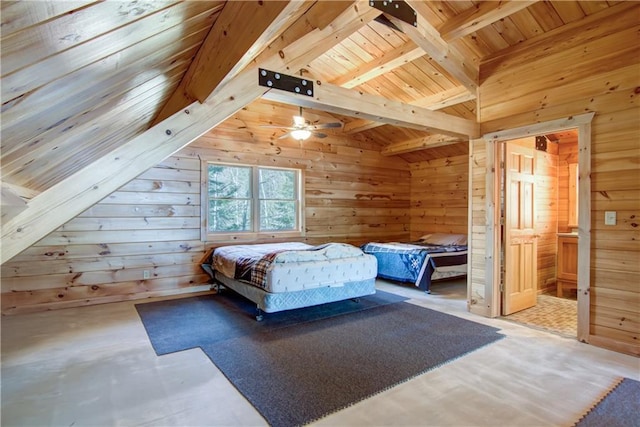 5044 Clayton Rd, Winter, WI 54896 - bedroom with vaulted ceiling with beams, wooden walls, wooden ceiling, and concrete flooring