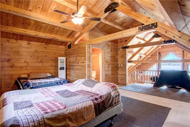 5044 Clayton Rd, Winter, WI 54896 - bedroom featuring lofted ceiling with beams, wooden ceiling, and wood walls