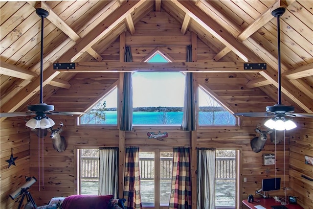 5044 Clayton Rd, Winter, WI 54896 - room details featuring beam ceiling, wooden ceiling, and ceiling fan