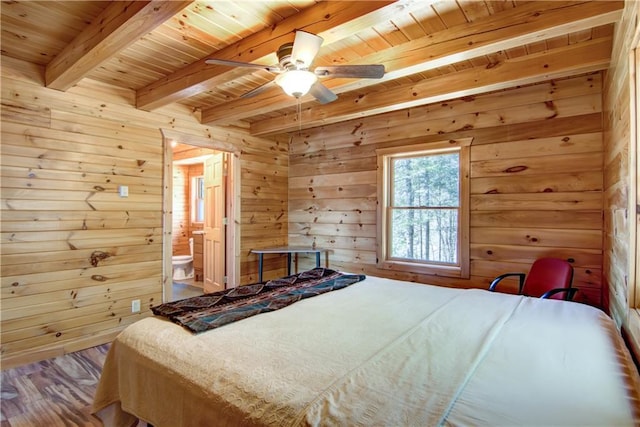 5044 Clayton Rd, Winter, WI 54896 - bedroom with wooden ceiling, wooden walls, and beam ceiling
