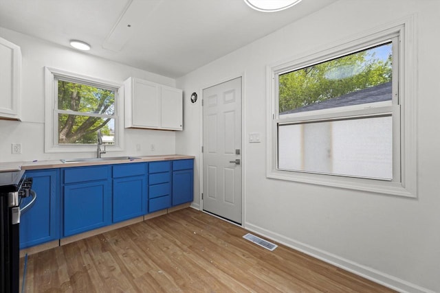 W160N9696 Colonial Dr, Germantown, WI 53022 - kitchen featuring a sink, blue cabinetry, wood counters, light wood-type flooring, and electric stove