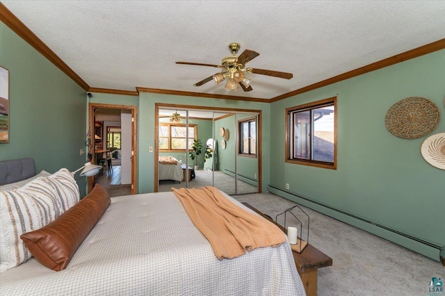 2608 Logan Ave, Superior, WI 54880 - bedroom featuring a baseboard heating unit, a textured ceiling, carpet, a baseboard radiator, and ornamental molding