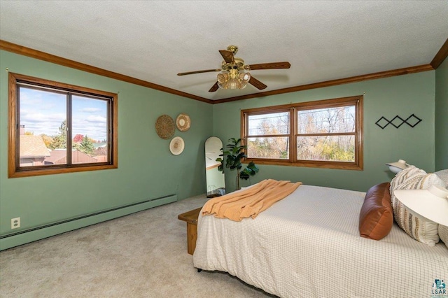 2608 Logan Ave, Superior, WI 54880 - carpeted bedroom featuring a ceiling fan, a textured ceiling, a baseboard radiator, and crown molding