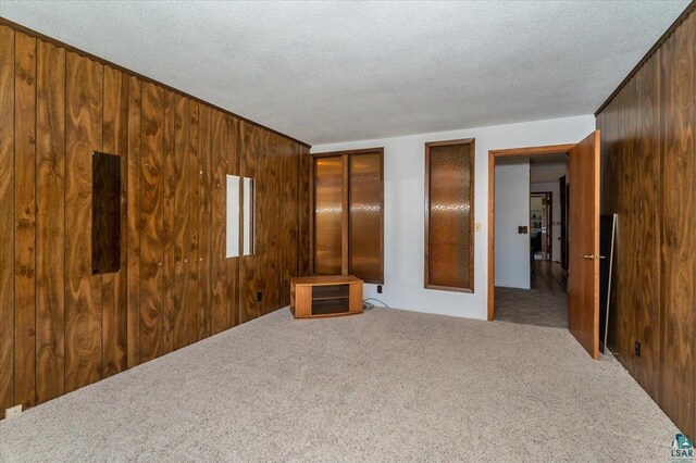 2608 Logan Ave, Superior, WI 54880 - unfurnished bedroom featuring wooden walls, carpet floors, and a textured ceiling