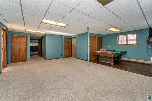 2608 Logan Ave, Superior, WI 54880 - basement featuring carpet flooring, a drop ceiling, baseboards, baseboard heating, and pool table