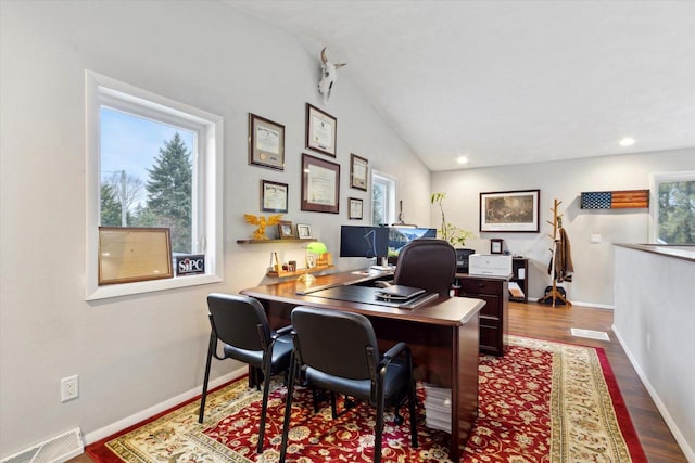 4441 N John Paul Rd, Milton, WI 53546 - office with recessed lighting, wood finished floors, baseboards, visible vents, and lofted ceiling