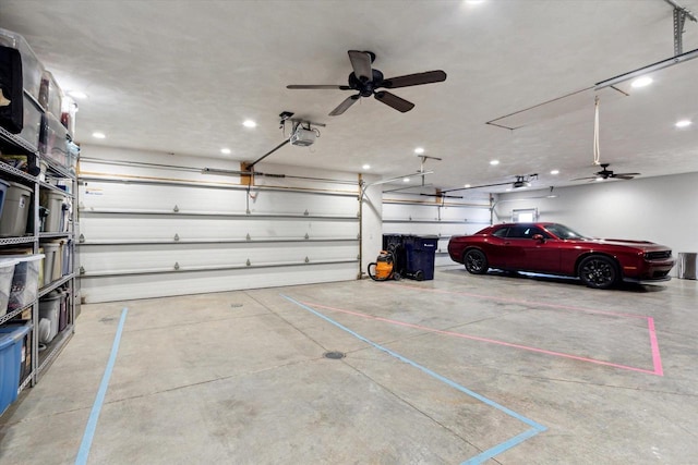 4441 N John Paul Rd, Milton, WI 53546 - garage with recessed lighting, a ceiling fan, and a garage door opener