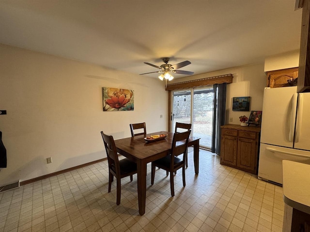 dining room with visible vents, a ceiling fan, and baseboards