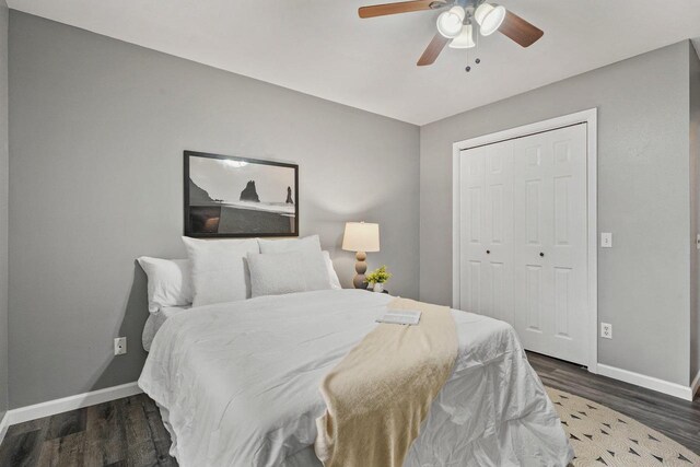 W9517 Parkway Dr, Poynette, WI 53955 - bedroom with a closet, a ceiling fan, wood finished floors, and baseboards