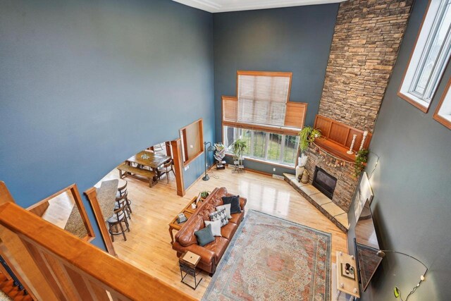 1310 Hanover Ct, Waunakee, WI 53597 - living room featuring a towering ceiling, wood finished floors, and a fireplace