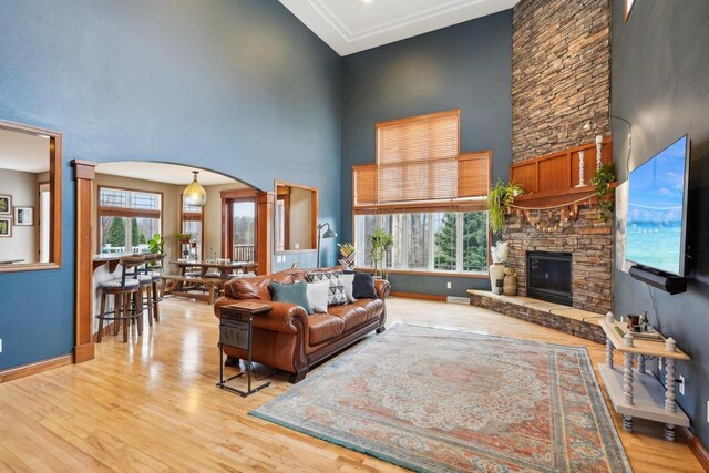 1310 Hanover Ct, Waunakee, WI 53597 - living room featuring wood finished floors, baseboards, arched walkways, a fireplace, and a high ceiling